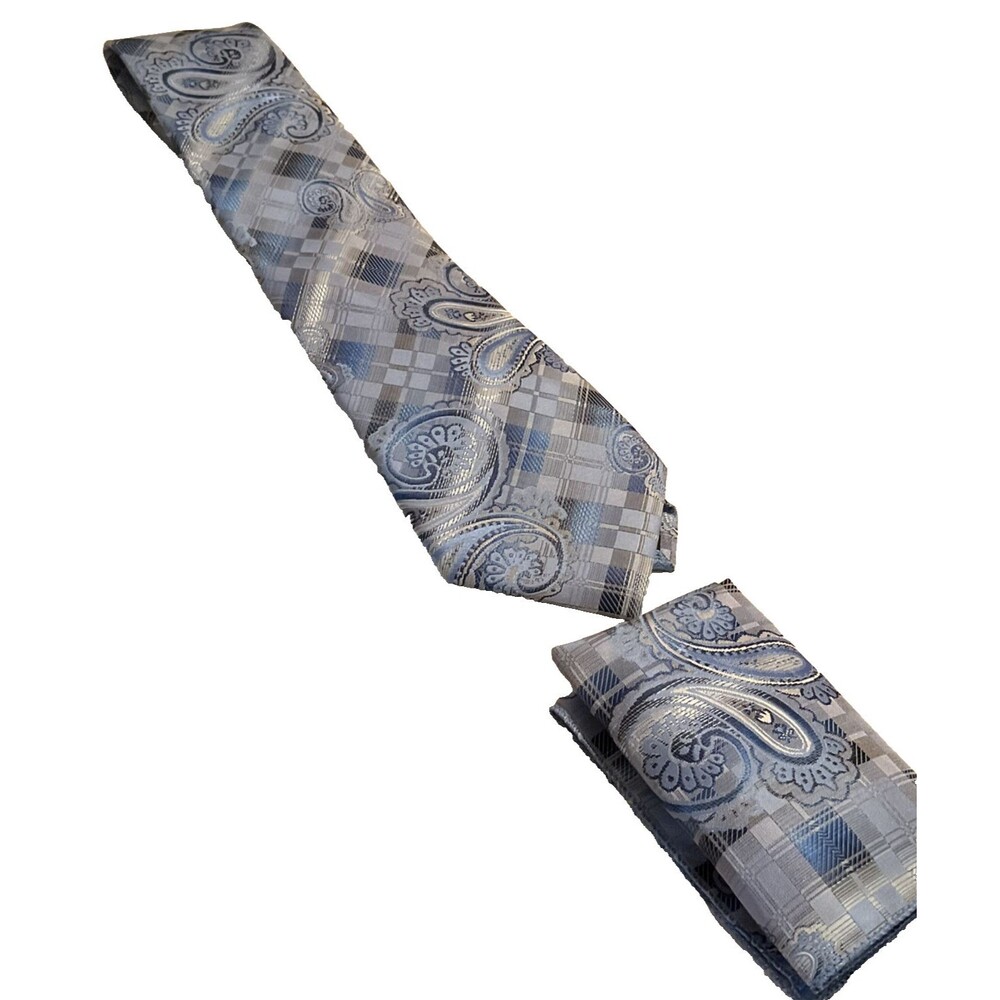 Fortino Landi Blue Paisley Design Neck Tie & Handkerchief Matching Neck Tie Set